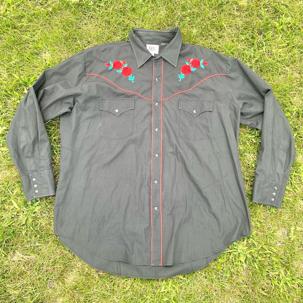 Ely Diamond Western Shirt Mens XXL Black Pearl Snap Floral Embroidered Cowboy